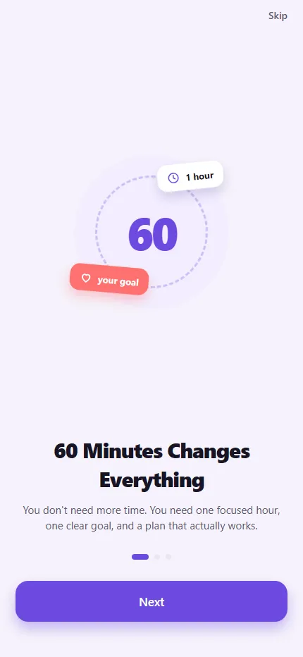 Daily 60 mobile onboarding screen asking for a single goal