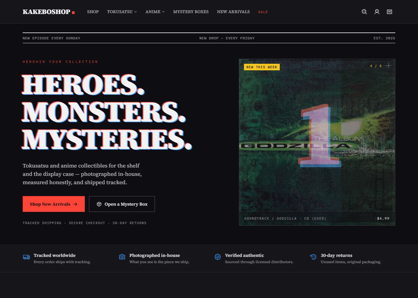 Kakeboshop live homepage with its Heroes, Monsters, Mysteries headline and featured collectible