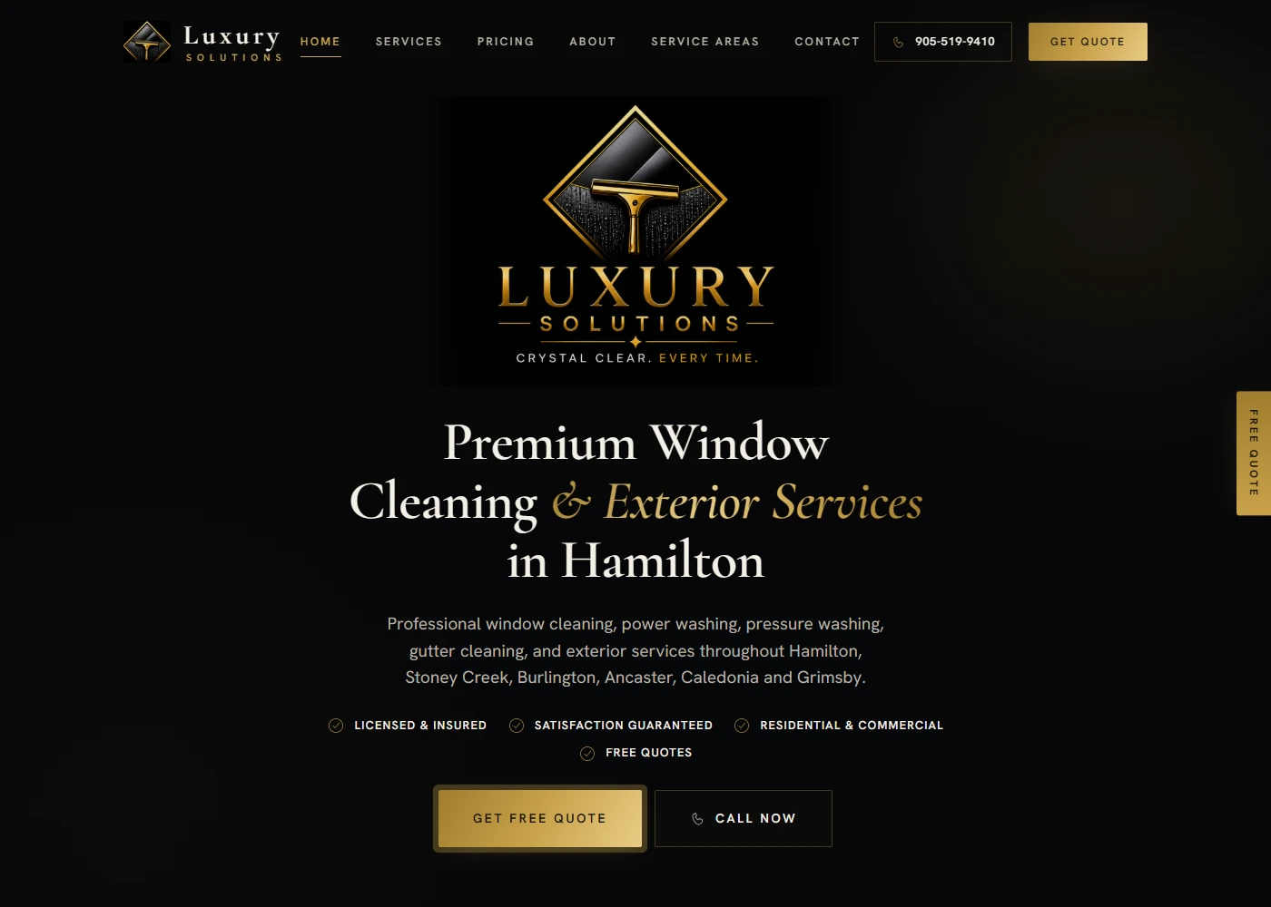 Luxury Solutions live homepage with its black-and-gold identity, window-cleaning headline and quote and call buttons